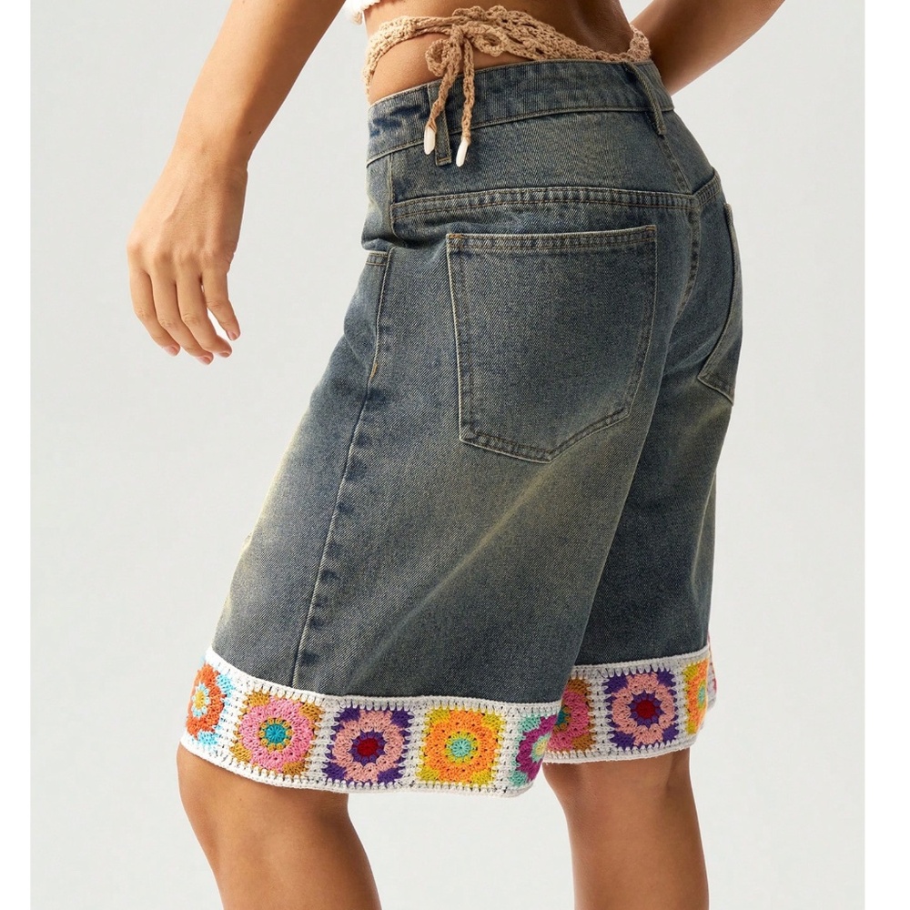 Dark Wash Crochet Colorful Bermuda Mom Denim Jean Shorts - Picture 4 of 7